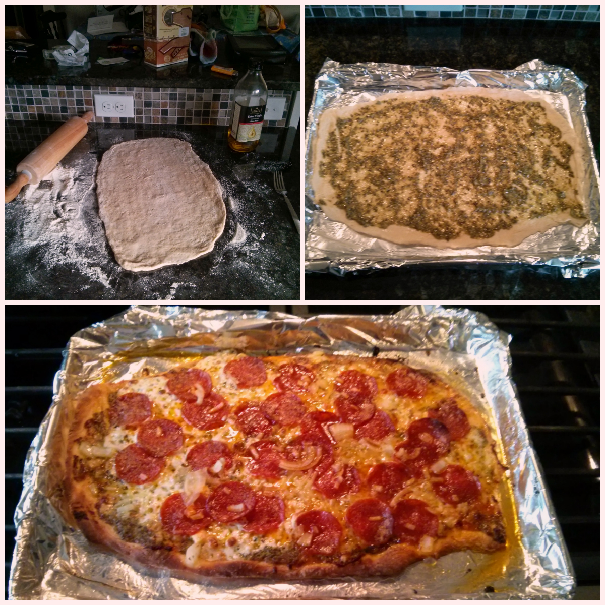 collage of making homemade pizza, upper left: rolled out dough, upper right: dough with pesto on it for sauce, lower photo: baked pepperoni pizza on a cookie tray